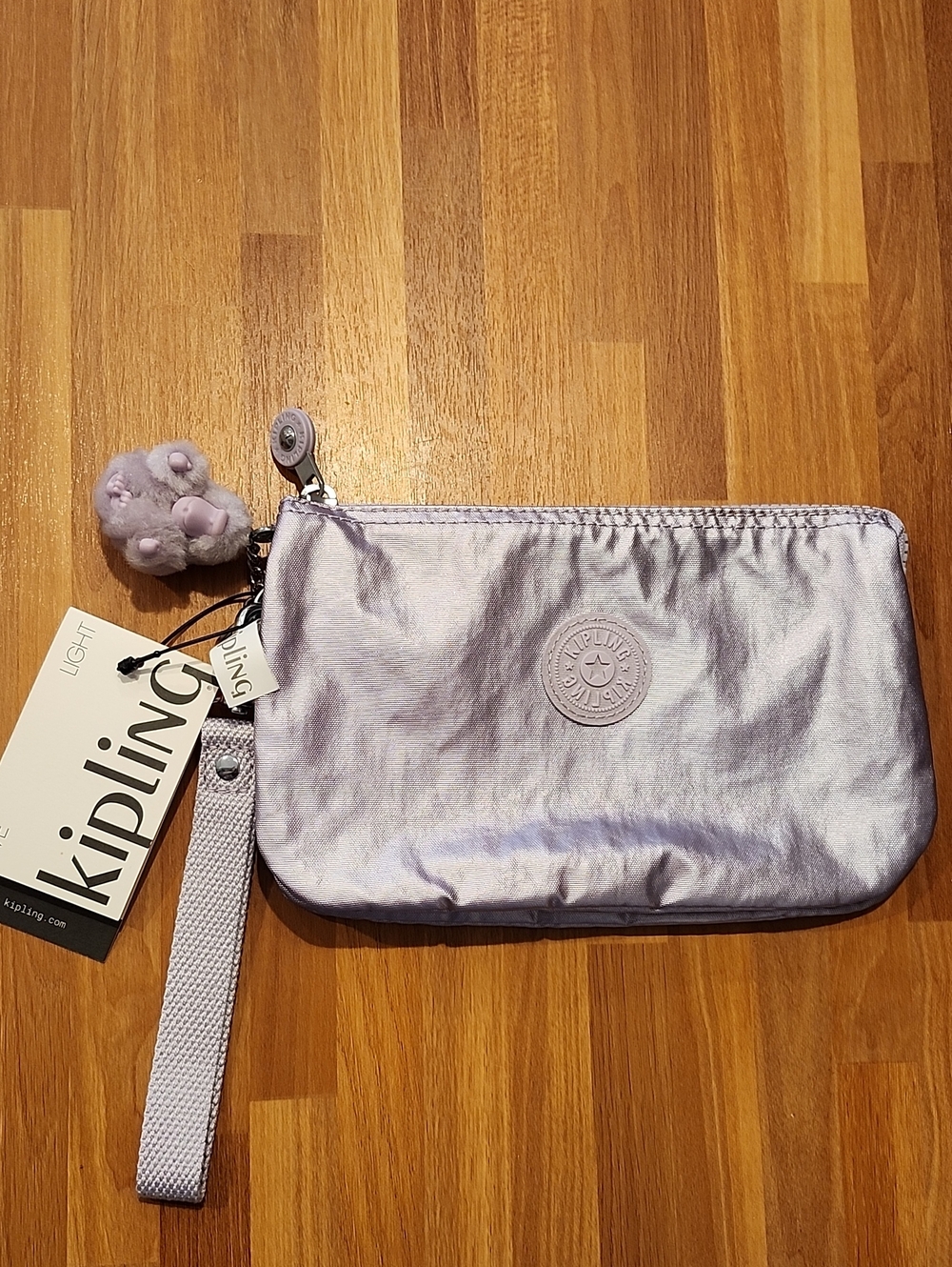 Brand New Kipling Metallic Lilac Wristlet with Plush Charm